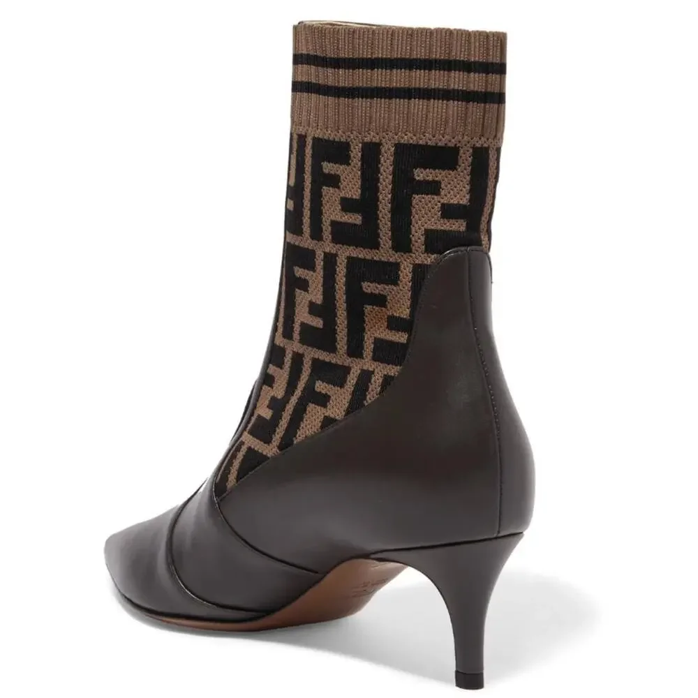 FENDI Rockoko FF logo stretch knit leather ankle boots